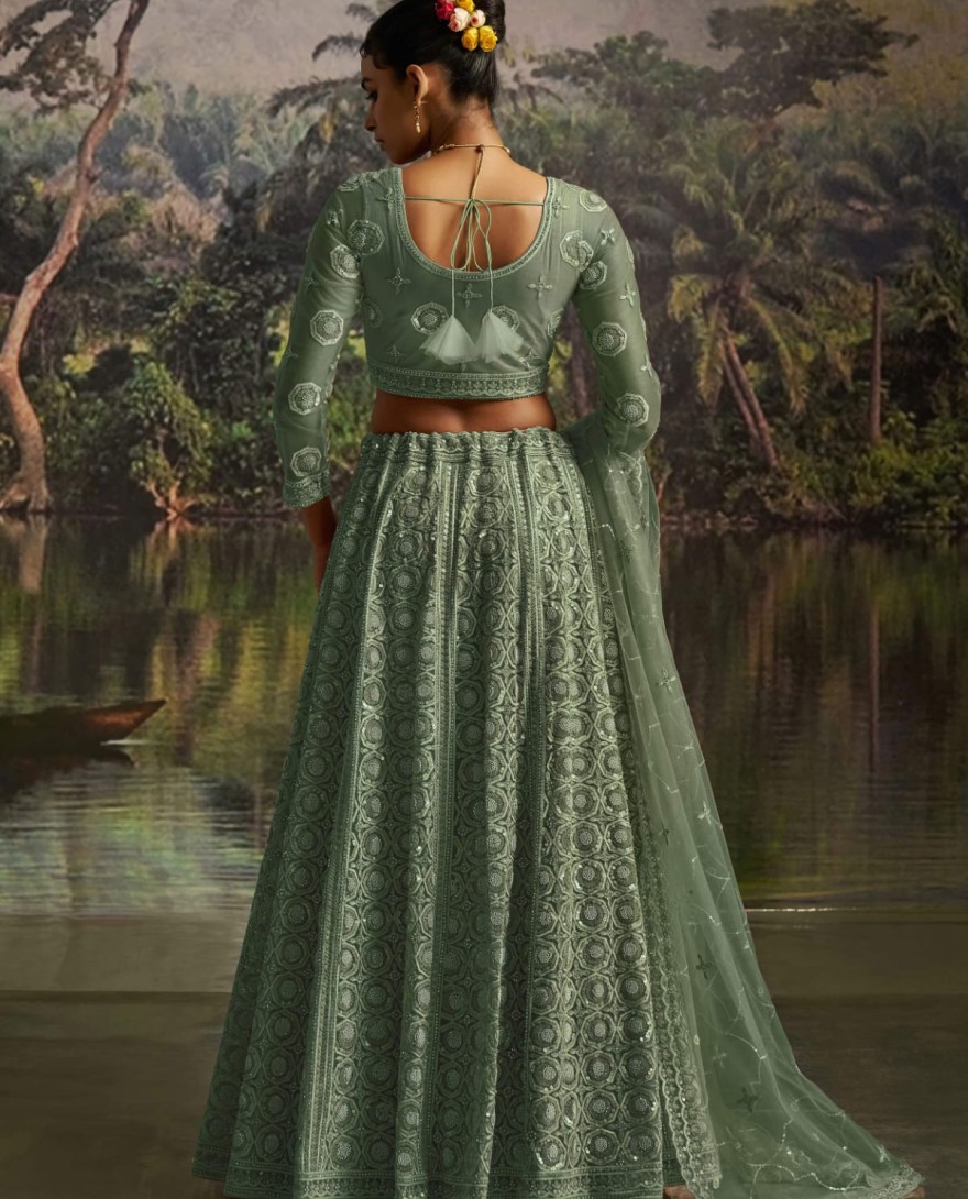 100008 - Gleaming Green Net Zarkan Work Reception Wear Lehenga Choli