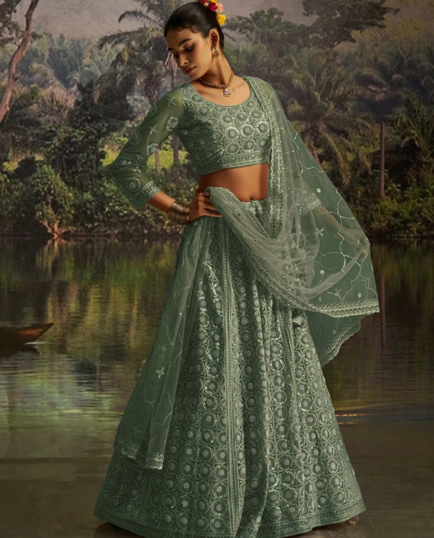 100008 - Gleaming Green Net Zarkan Work Reception Wear Lehenga Choli