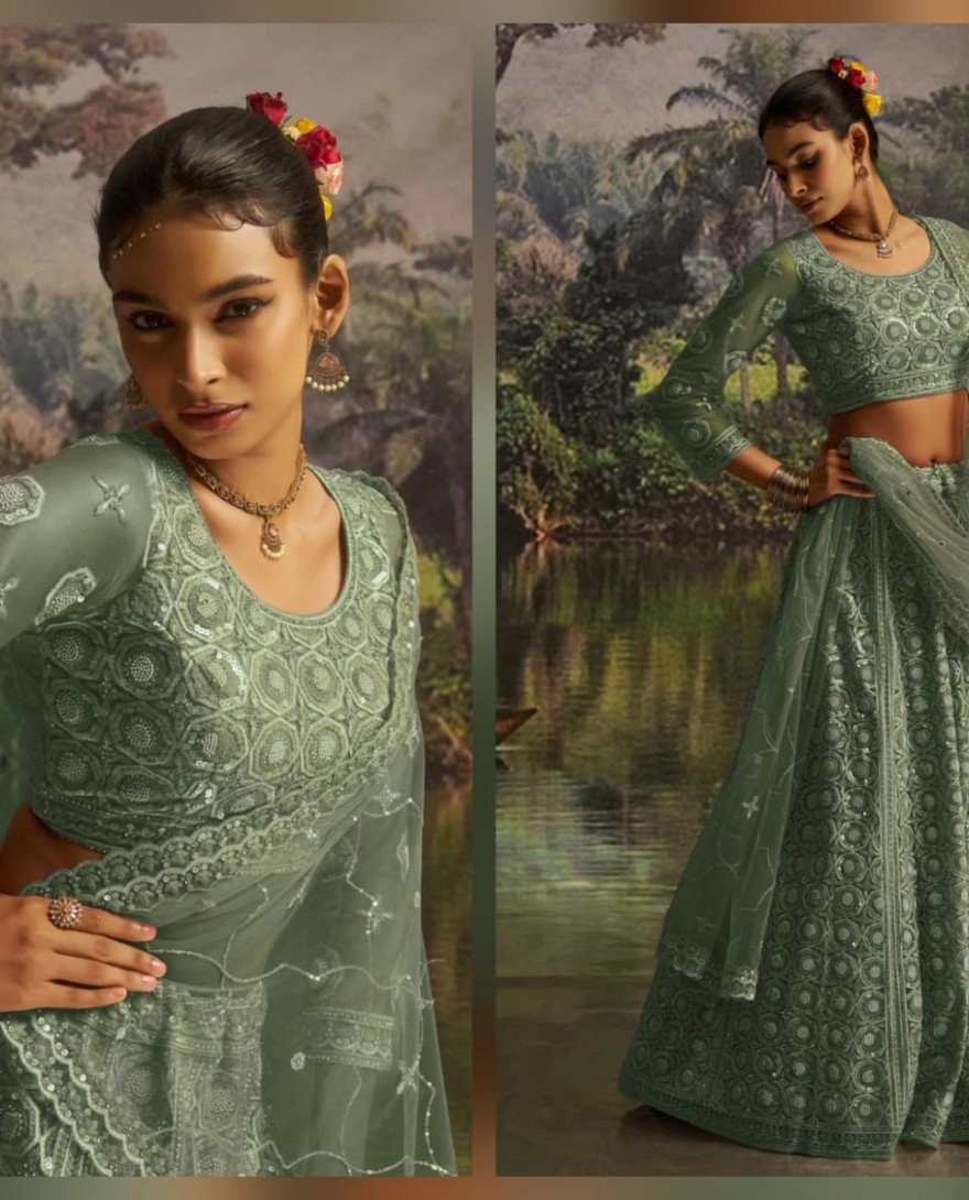 100008 - Gleaming Green Net Zarkan Work Reception Wear Lehenga Choli