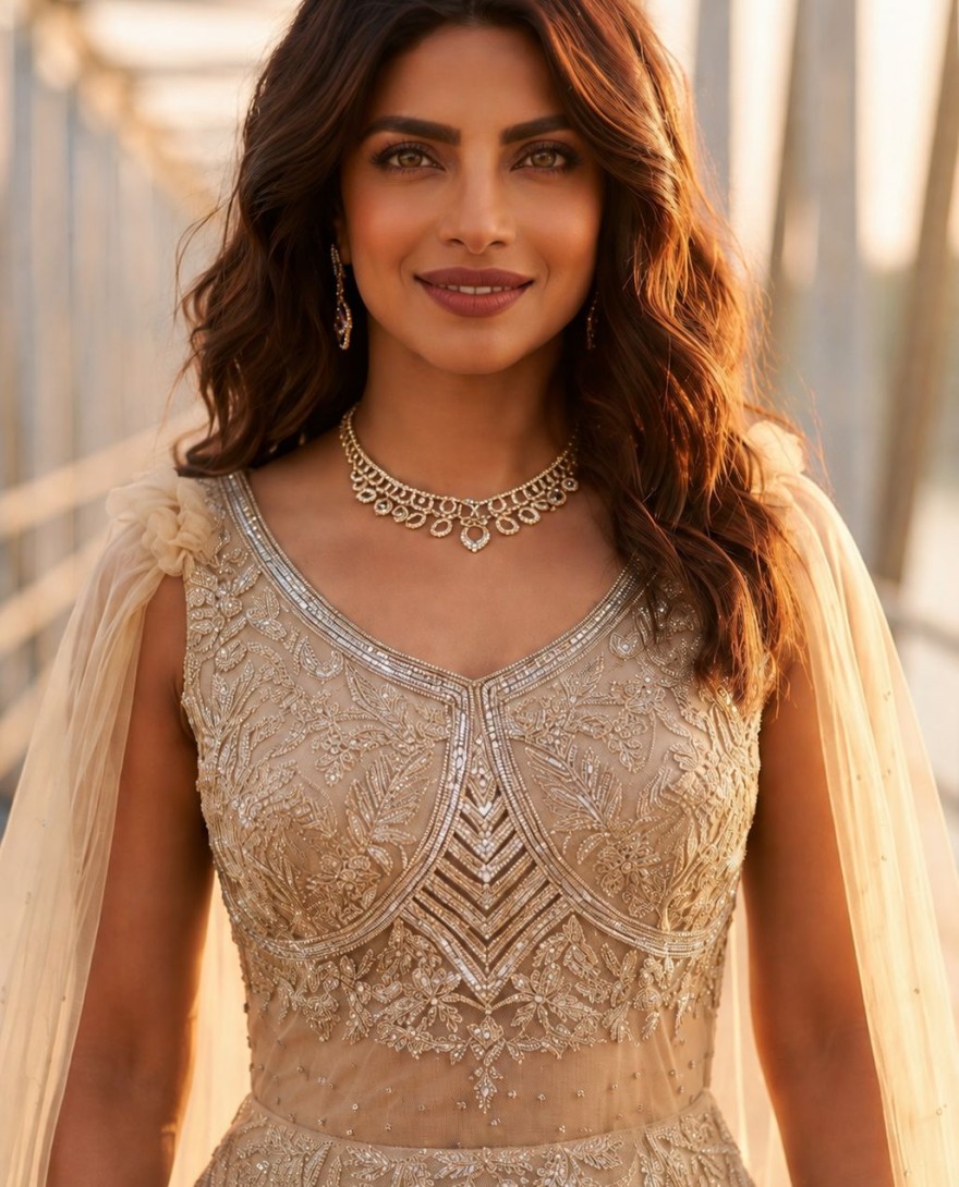 YELLOW - Priyanka Chopra Net Designer Gown with Embroidered and Hand Work