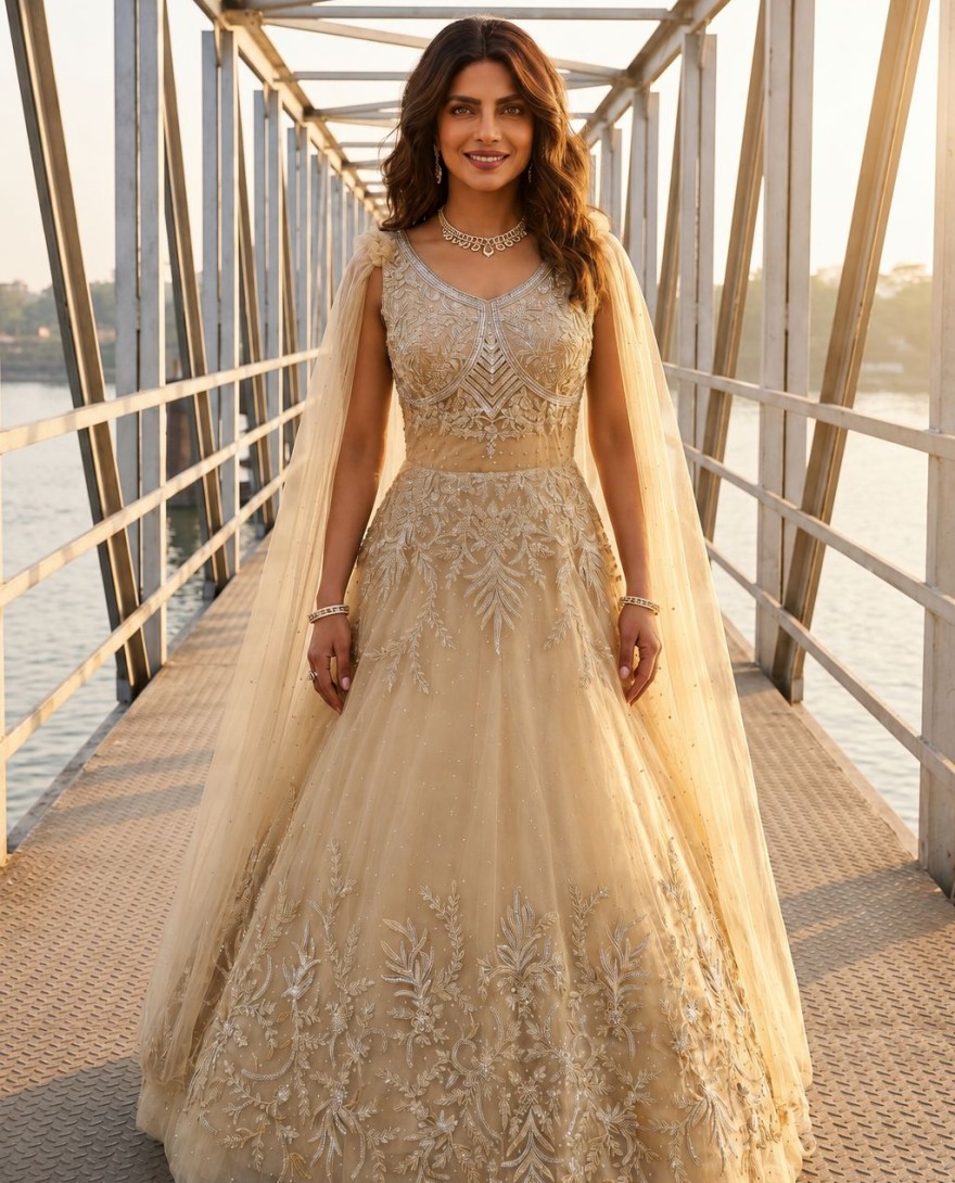 YELLOW - Priyanka Chopra Net Designer Gown with Embroidered and Hand Work