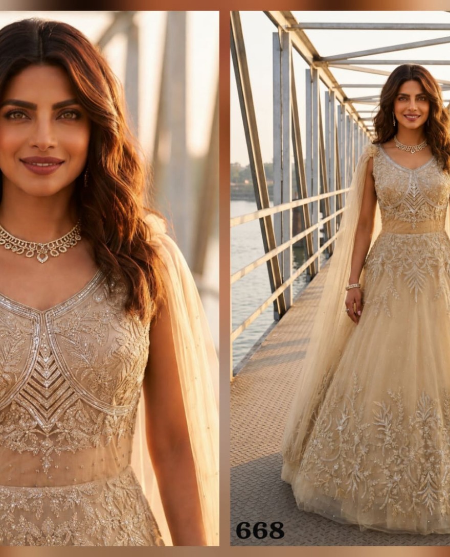 YELLOW - Priyanka Chopra Net Designer Gown with Embroidered and Hand Work