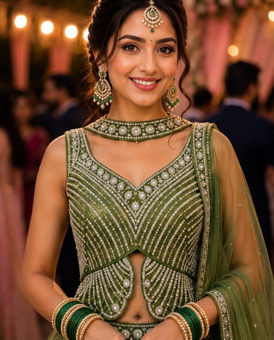 GREEN - Green Fandy Lehenga Choli with Beads, Moti and Sequins Work