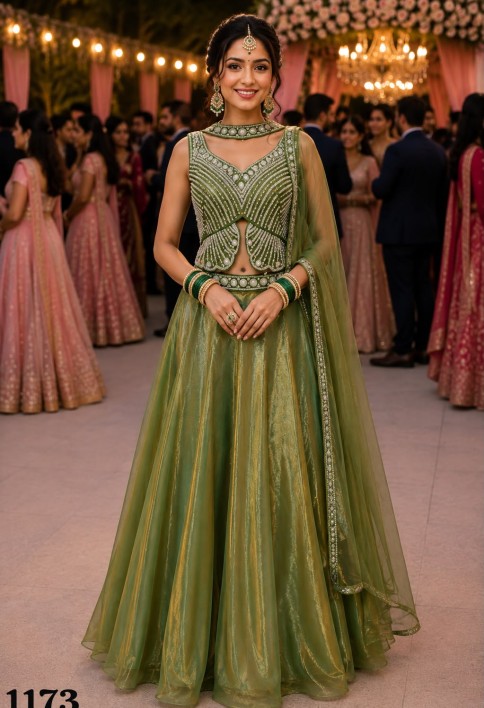 Green Fandy Lehenga Choli with Beads, Moti and Sequins Work