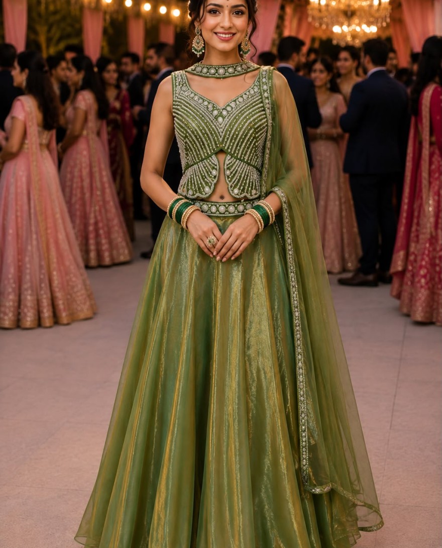 GREEN - Green Fandy Lehenga Choli with Beads, Moti and Sequins Work