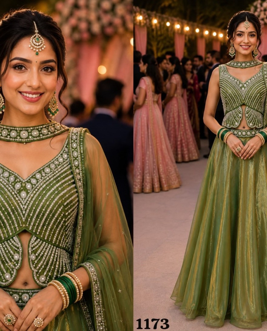GREEN - Green Fandy Lehenga Choli with Beads, Moti and Sequins Work