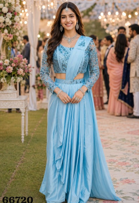 Sky Blue Pre-Stitched Saree With Embellished Pallu