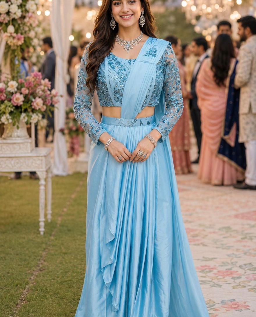 BLUE - Sky Blue Pre-Stitched Saree With Embellished Pallu