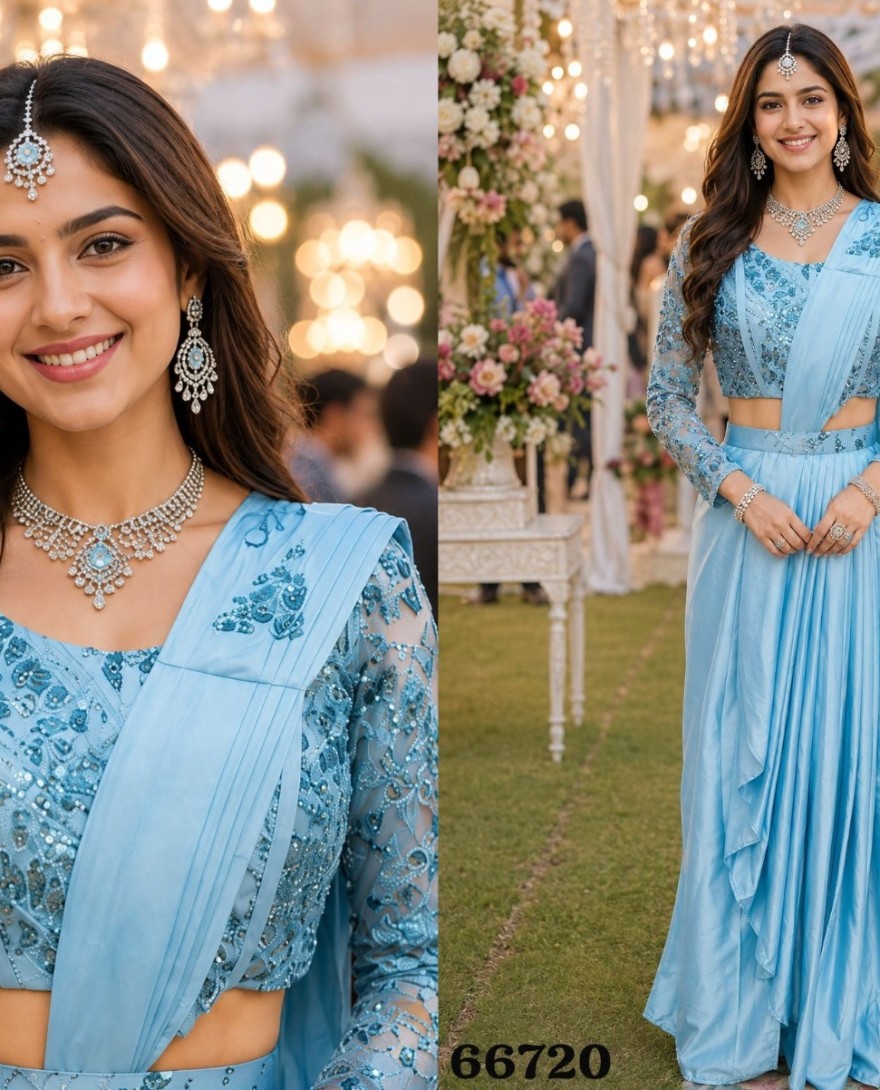 BLUE - Sky Blue Pre-Stitched Saree With Embellished Pallu