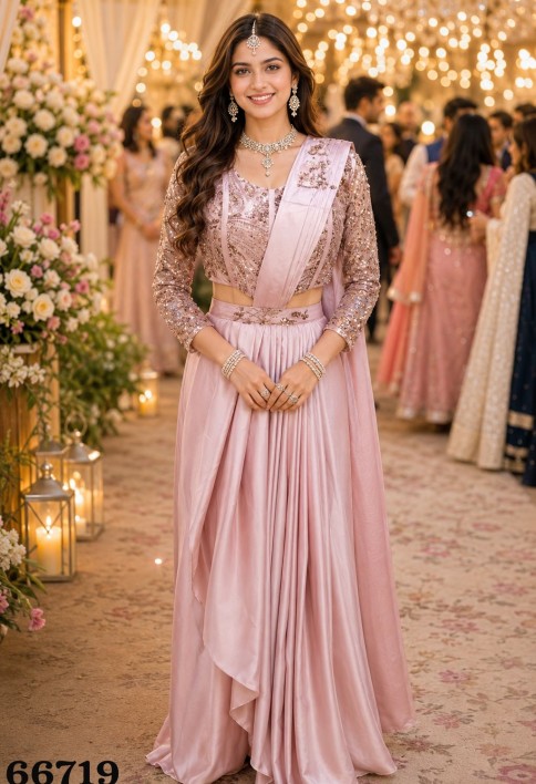 Blush Pink Pre-Stitched Saree With Handwork Blouse
