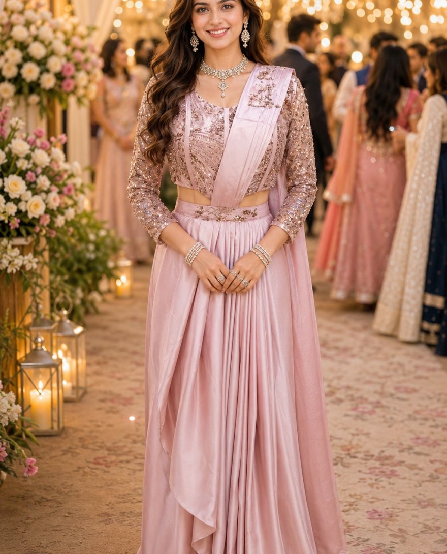 PINK - Blush Pink Pre-Stitched Saree With Handwork Blouse