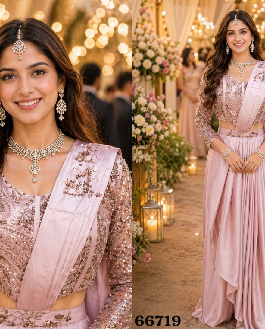 PINK - Blush Pink Pre-Stitched Saree With Handwork Blouse