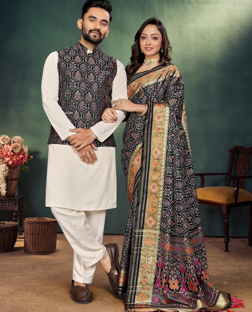 BLACK - Black Partywear Couple Combo Mens Kurta Pajama with Jacquard Silk Jacket Womens Jacquard Saree