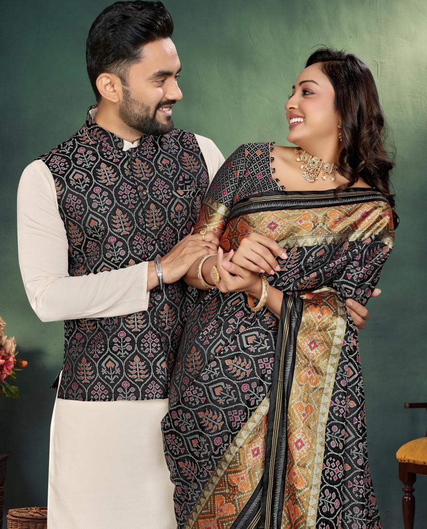 BLACK - Black Partywear Couple Combo Mens Kurta Pajama with Jacquard Silk Jacket Womens Jacquard Saree