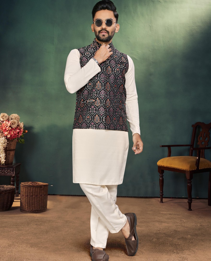 BLACK - Black Partywear Couple Combo Mens Kurta Pajama with Jacquard Silk Jacket Womens Jacquard Saree