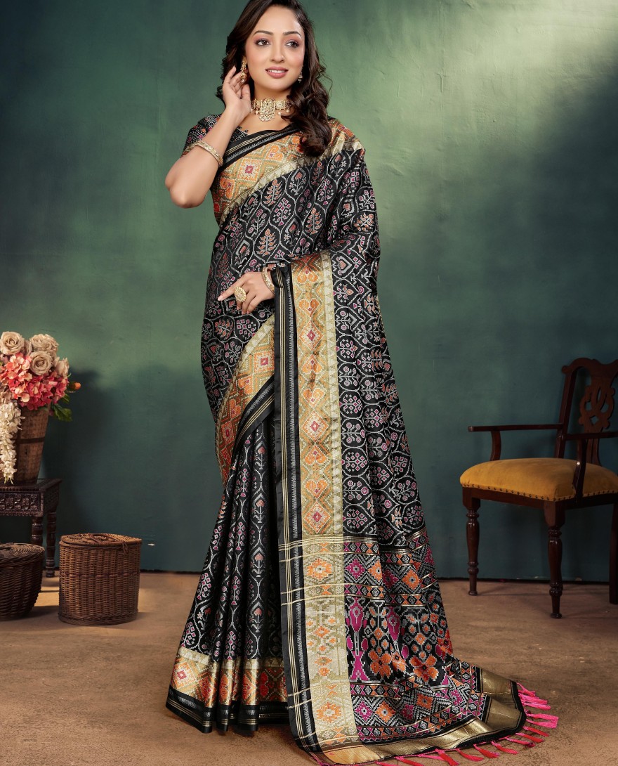 BLACK - Black Partywear Couple Combo Mens Kurta Pajama with Jacquard Silk Jacket Womens Jacquard Saree