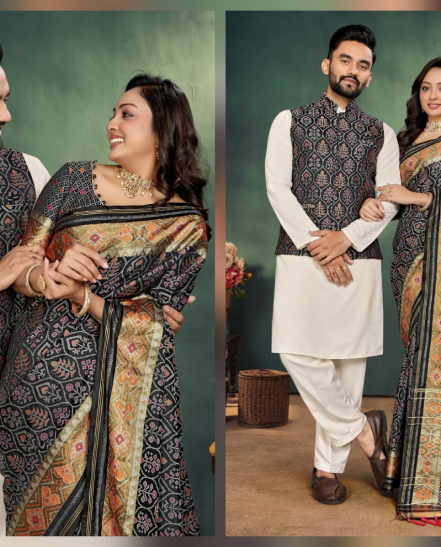 BLACK - Black Partywear Couple Combo Mens Kurta Pajama with Jacquard Silk Jacket Womens Jacquard Saree