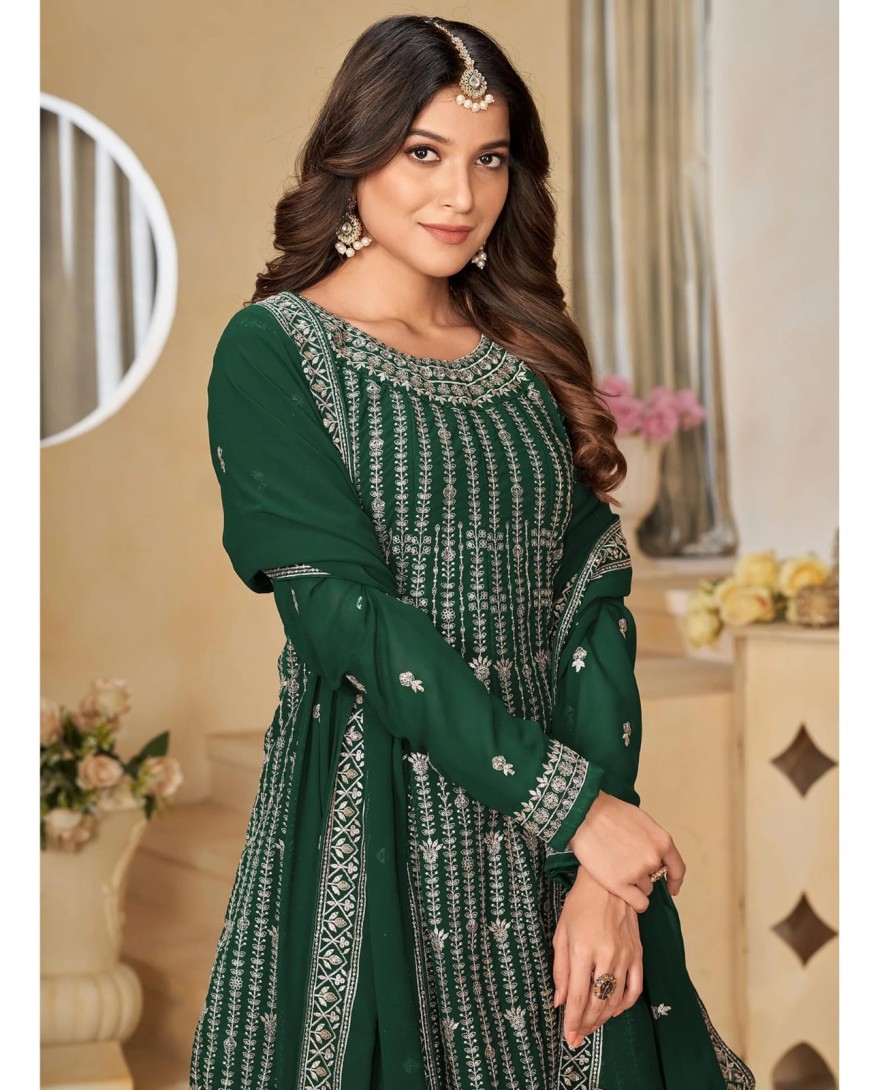 GREEN - Green Floral Sequins Embroidered Georgette Semi Stitched Sharara Suit
