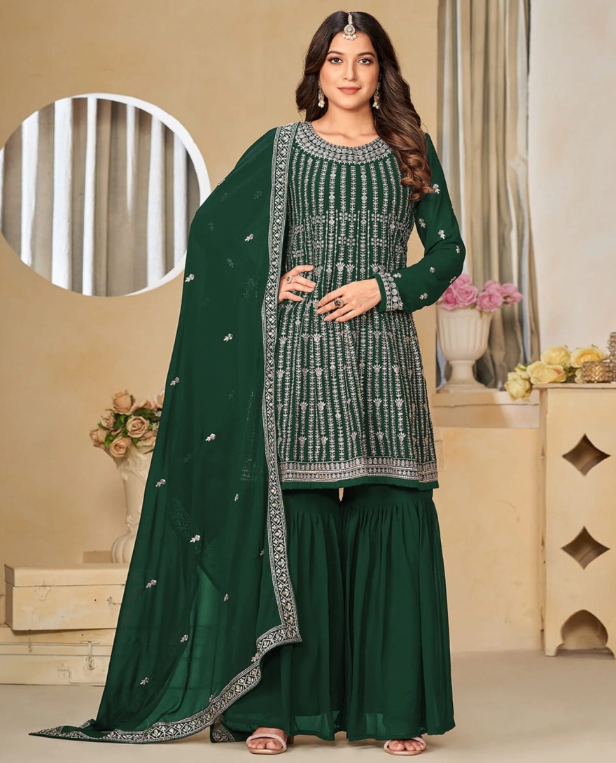 GREEN - Green Floral Sequins Embroidered Georgette Semi Stitched Sharara Suit