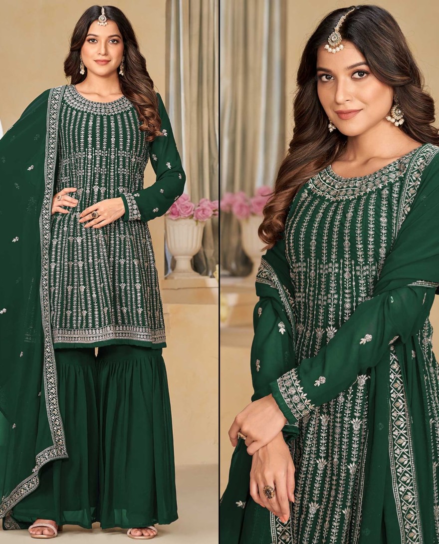 GREEN - Green Floral Sequins Embroidered Georgette Semi Stitched Sharara Suit