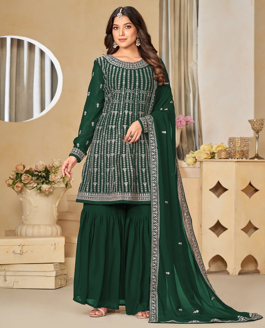GREEN - Green Floral Sequins Embroidered Georgette Semi Stitched Sharara Suit