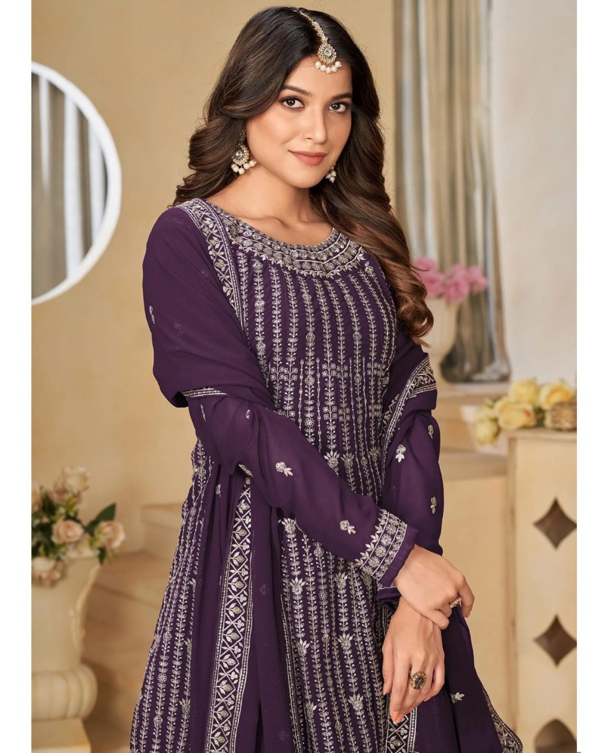 PURPLE - Purple Floral Sequins Embroidered Georgette Semi Stitched Sharara Suit