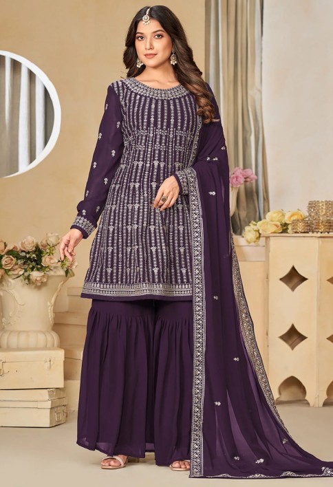 Purple Floral Sequins Embroidered Georgette Semi Stitched Sharara Suit