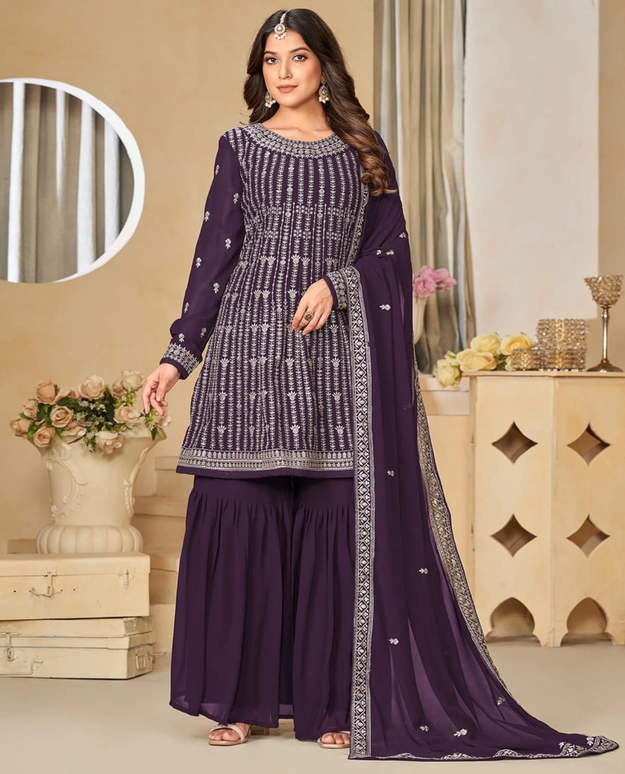 PURPLE - Purple Floral Sequins Embroidered Georgette Semi Stitched Sharara Suit