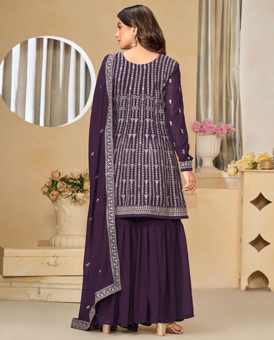 PURPLE - Purple Floral Sequins Embroidered Georgette Semi Stitched Sharara Suit