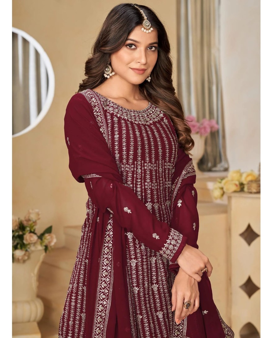 RED - Maroon Floral Sequins Embroidered Georgette Semi Stitched Sharara Suit