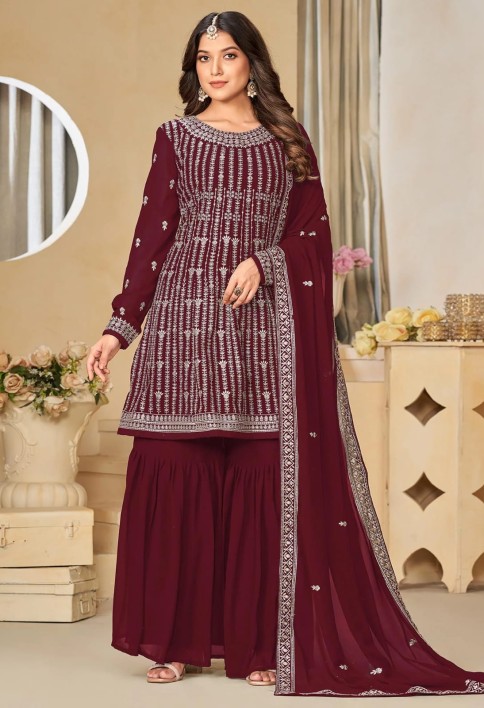 Maroon Floral Sequins Embroidered Georgette Semi Stitched Sharara Suit