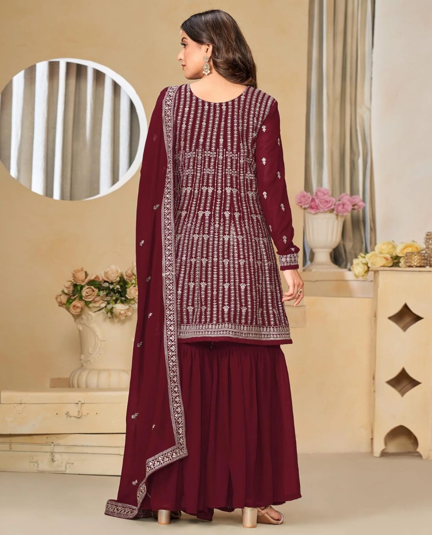 RED - Maroon Floral Sequins Embroidered Georgette Semi Stitched Sharara Suit
