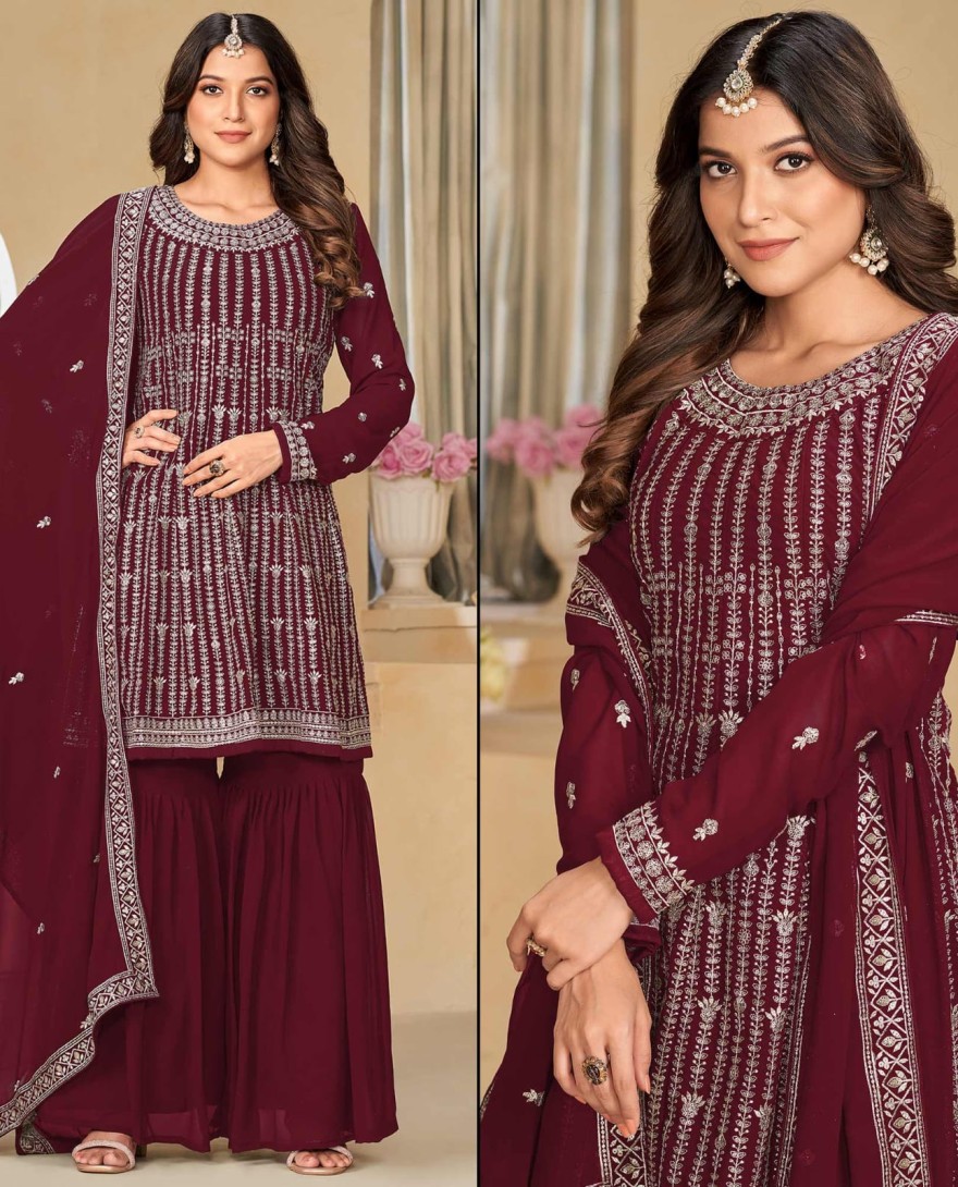 RED - Maroon Floral Sequins Embroidered Georgette Semi Stitched Sharara Suit