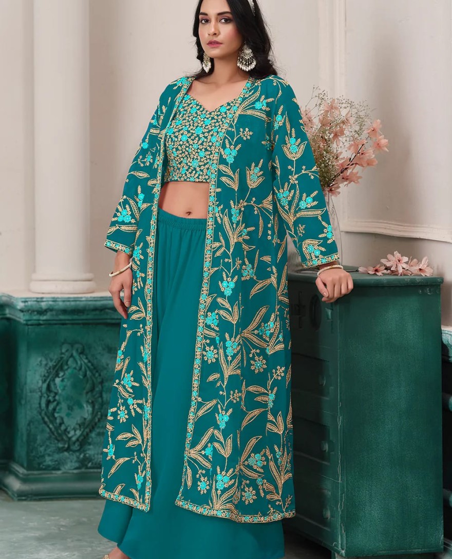 BLUE - Indo Western Rama Embroidered Jacket Style Sharara Suit