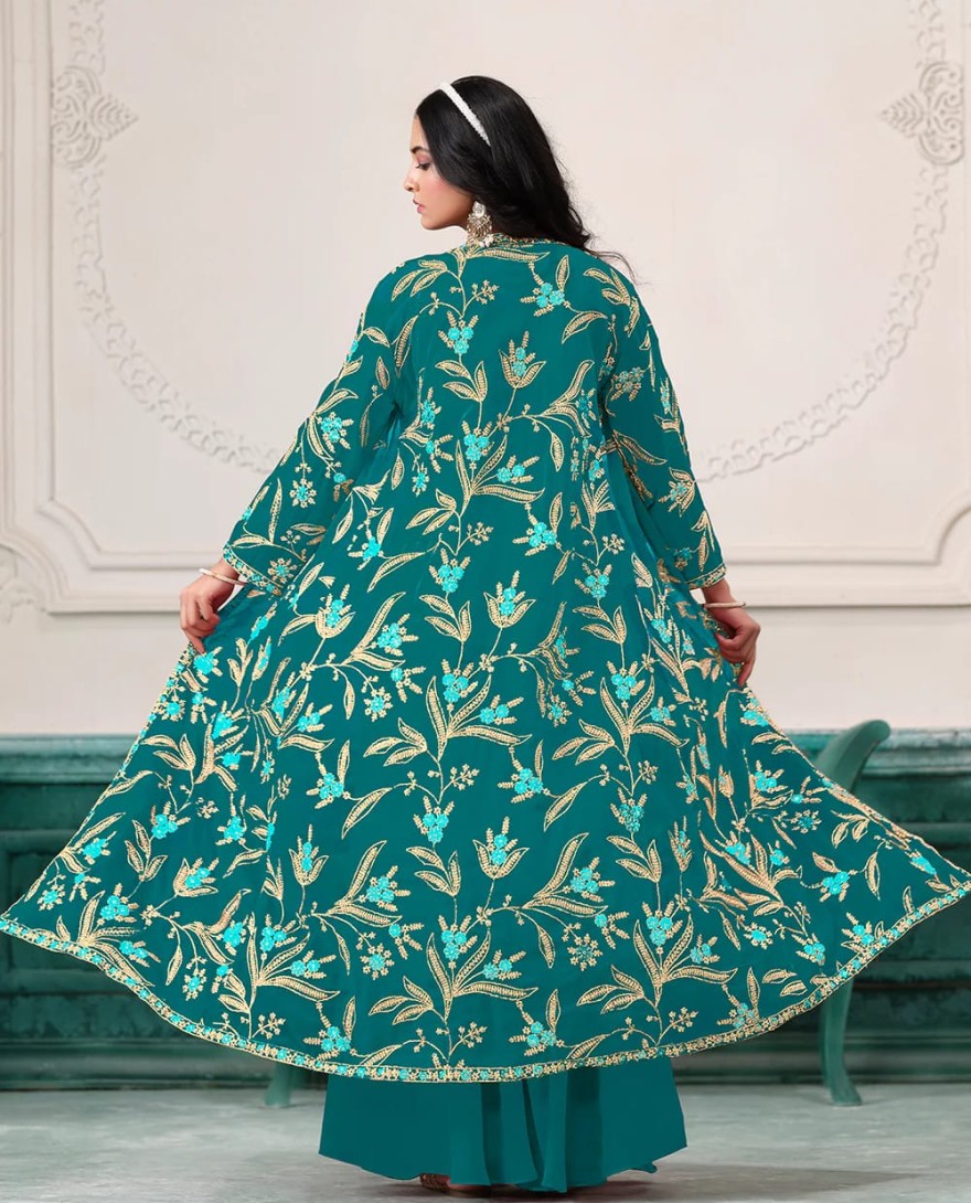 BLUE - Indo Western Rama Embroidered Jacket Style Sharara Suit