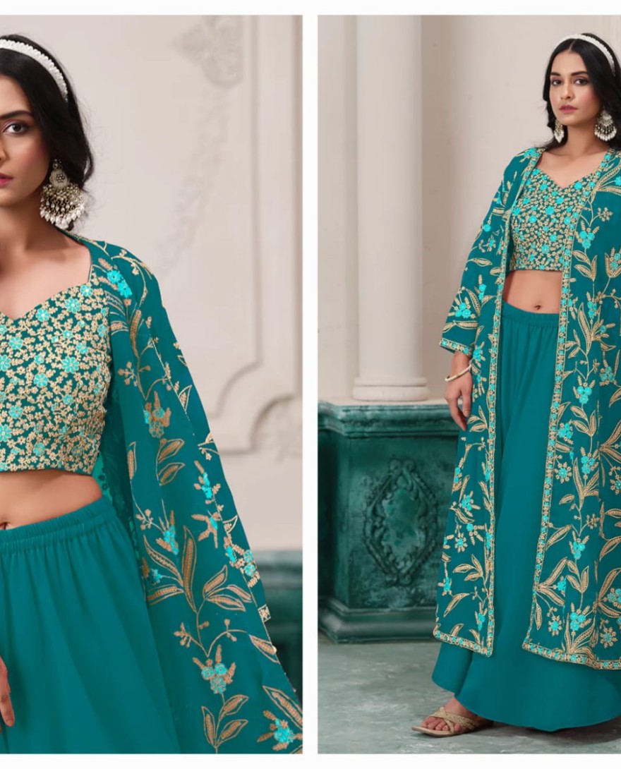 BLUE - Indo Western Rama Embroidered Jacket Style Sharara Suit