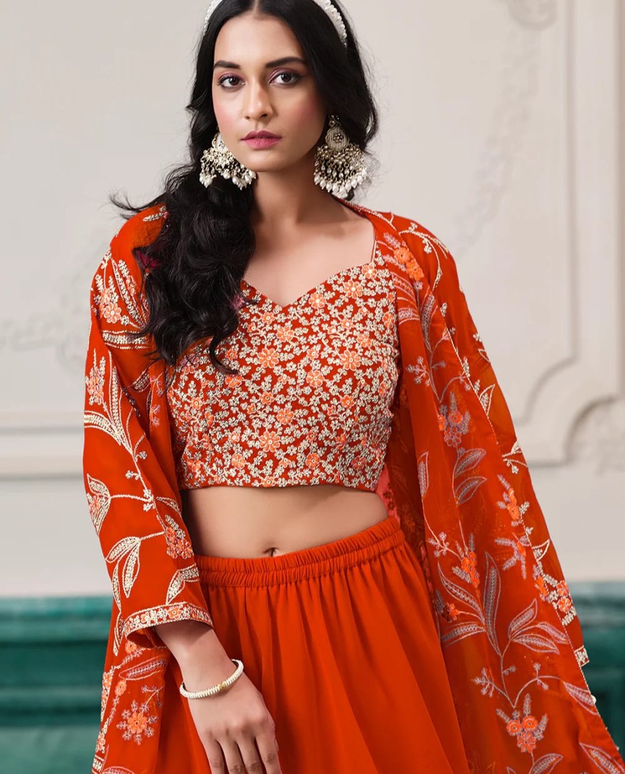 ORANGE - Indo Western Orange Embroidered Jacket Style Sharara Suit