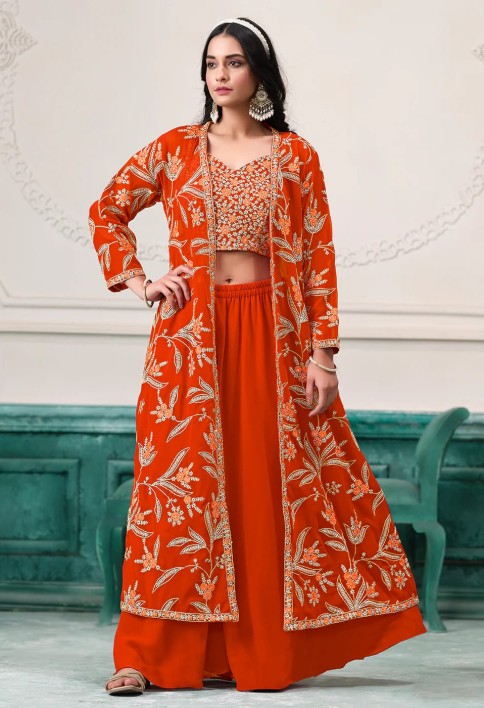 Indo Western Orange Embroidered Jacket Style Sharara Suit