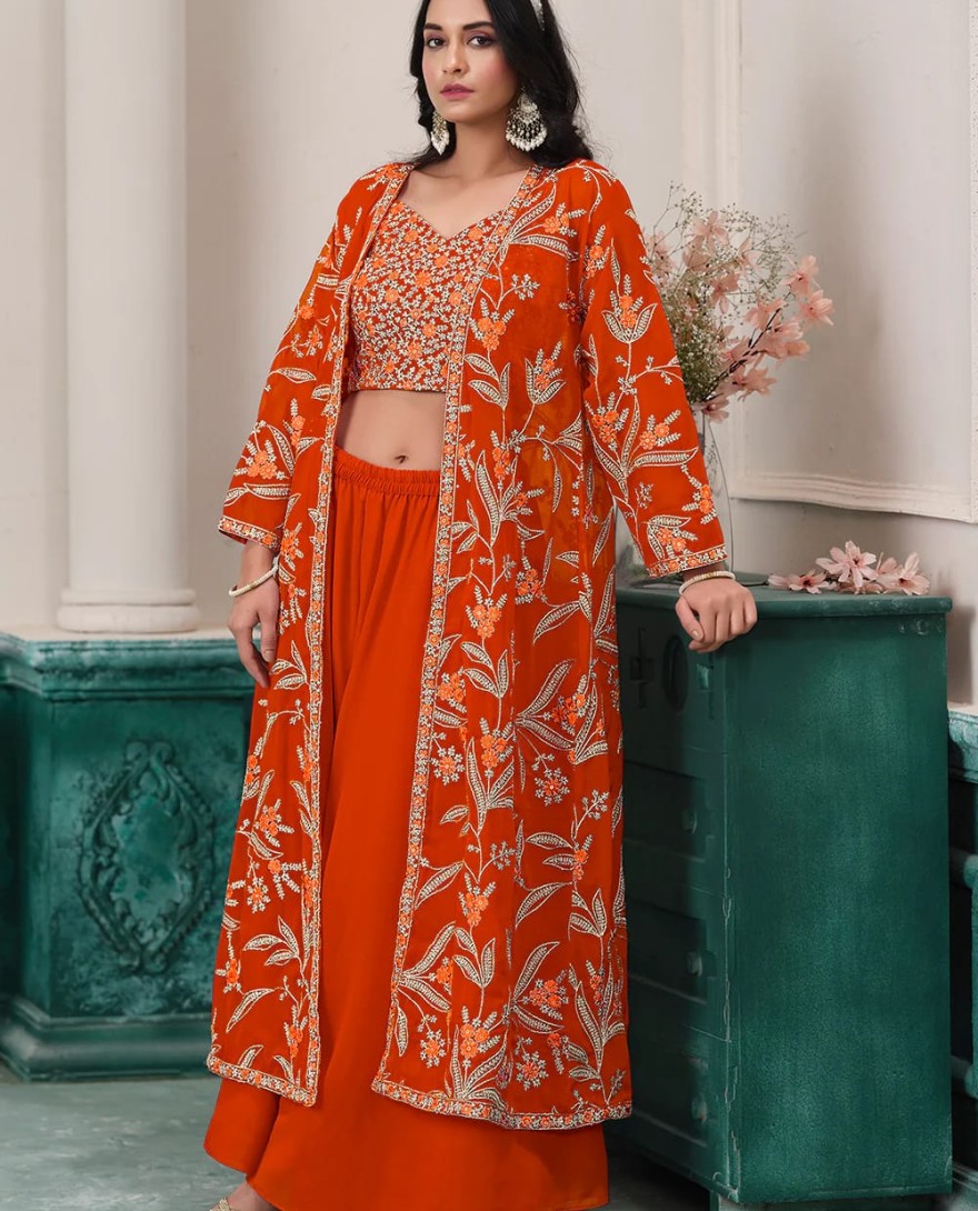 ORANGE - Indo Western Orange Embroidered Jacket Style Sharara Suit