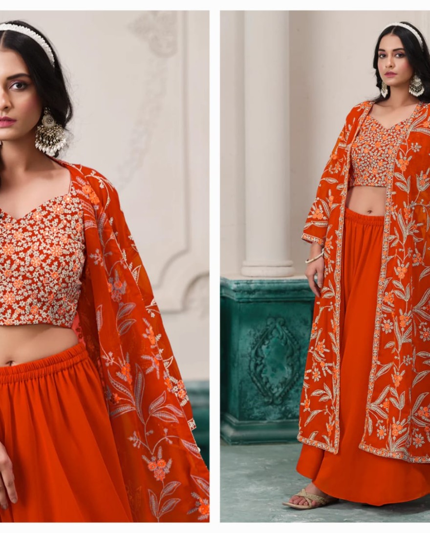 ORANGE - Indo Western Orange Embroidered Jacket Style Sharara Suit