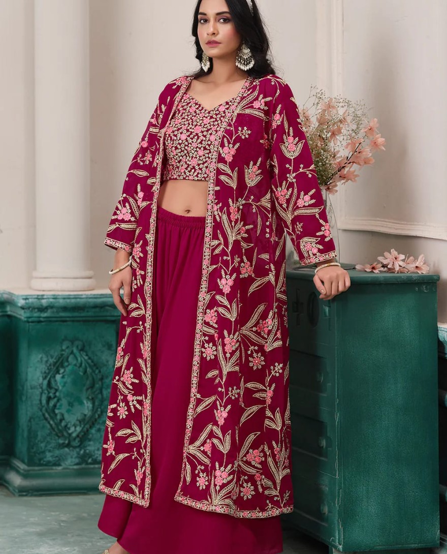 PINK - Indo Western Pink Embroidered Jacket Style Sharara Suit