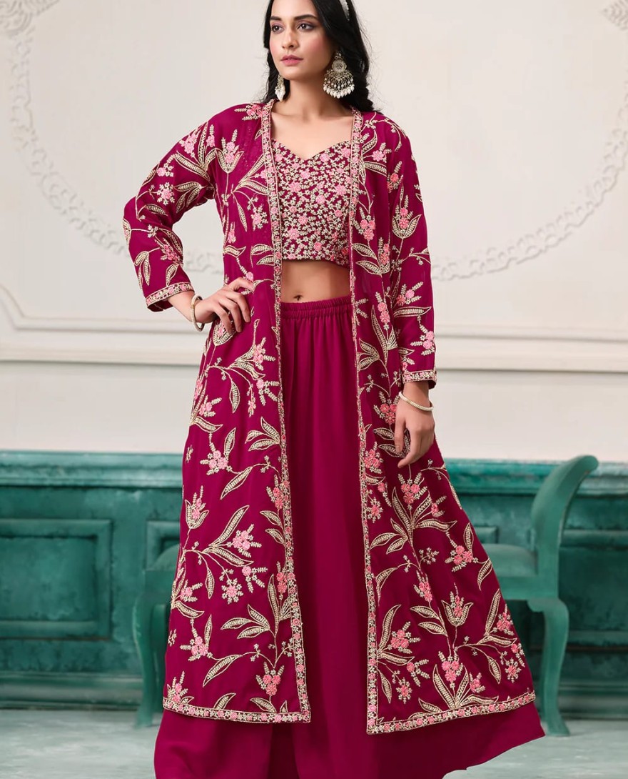 PINK - Indo Western Pink Embroidered Jacket Style Sharara Suit