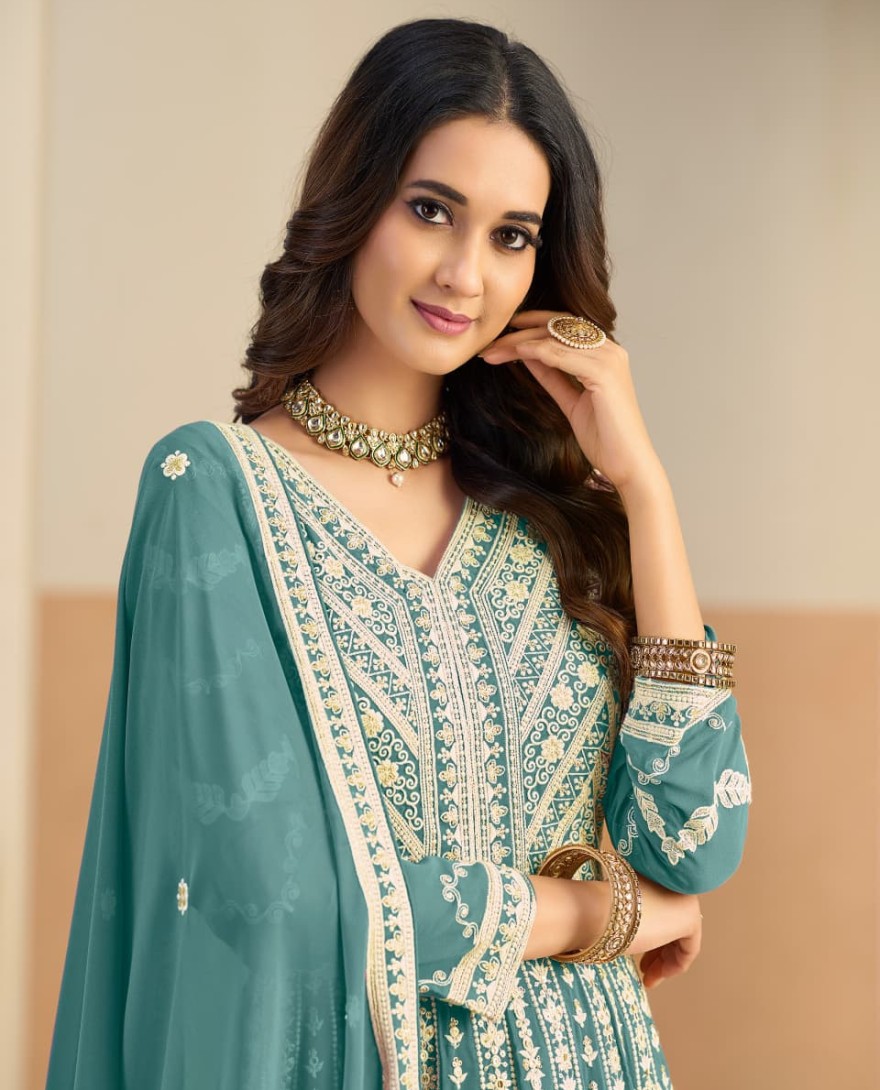 BLUE - Sea Green Faux Georgette Embroidered Work Anarkali Suit for Ceremonial