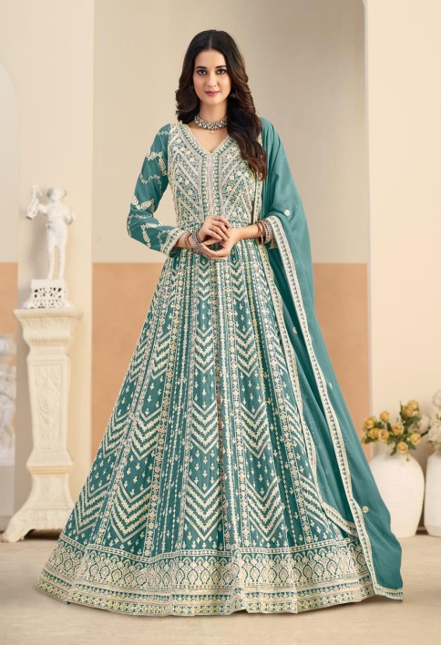 Sea Green Faux Georgette Embroidered Work Anarkali Suit for Ceremonial