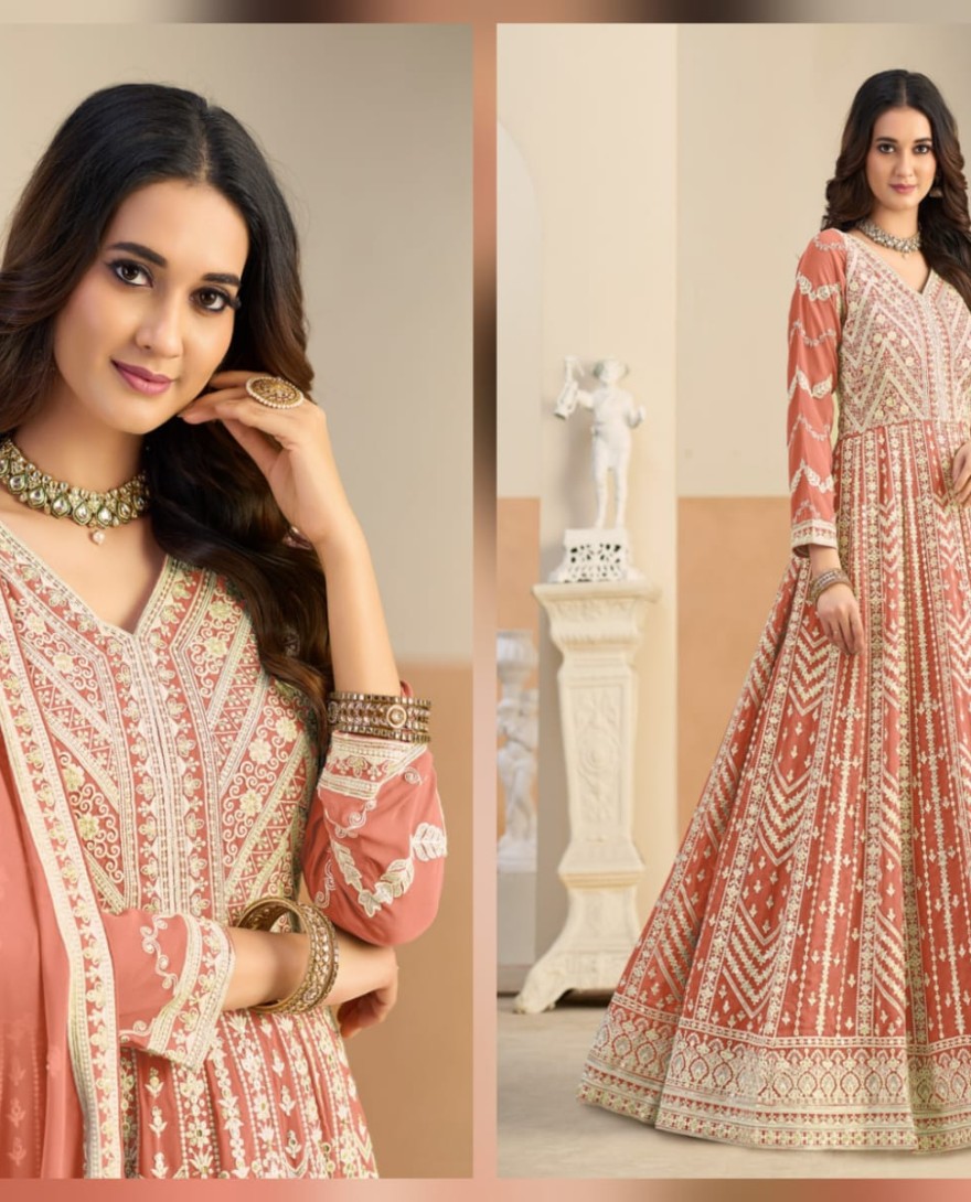 PEACH - Peach Faux Georgette Embroidered Work Salwar Suit for Ceremonial