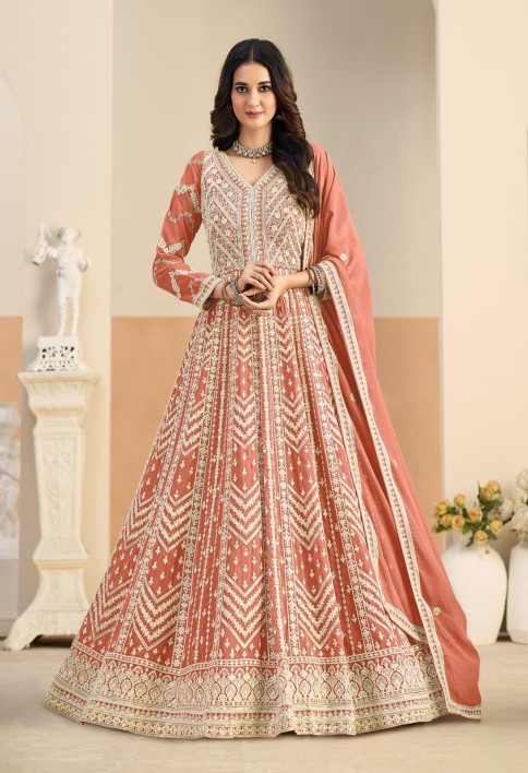 Peach Faux Georgette Embroidered Work Salwar Suit for Ceremonial