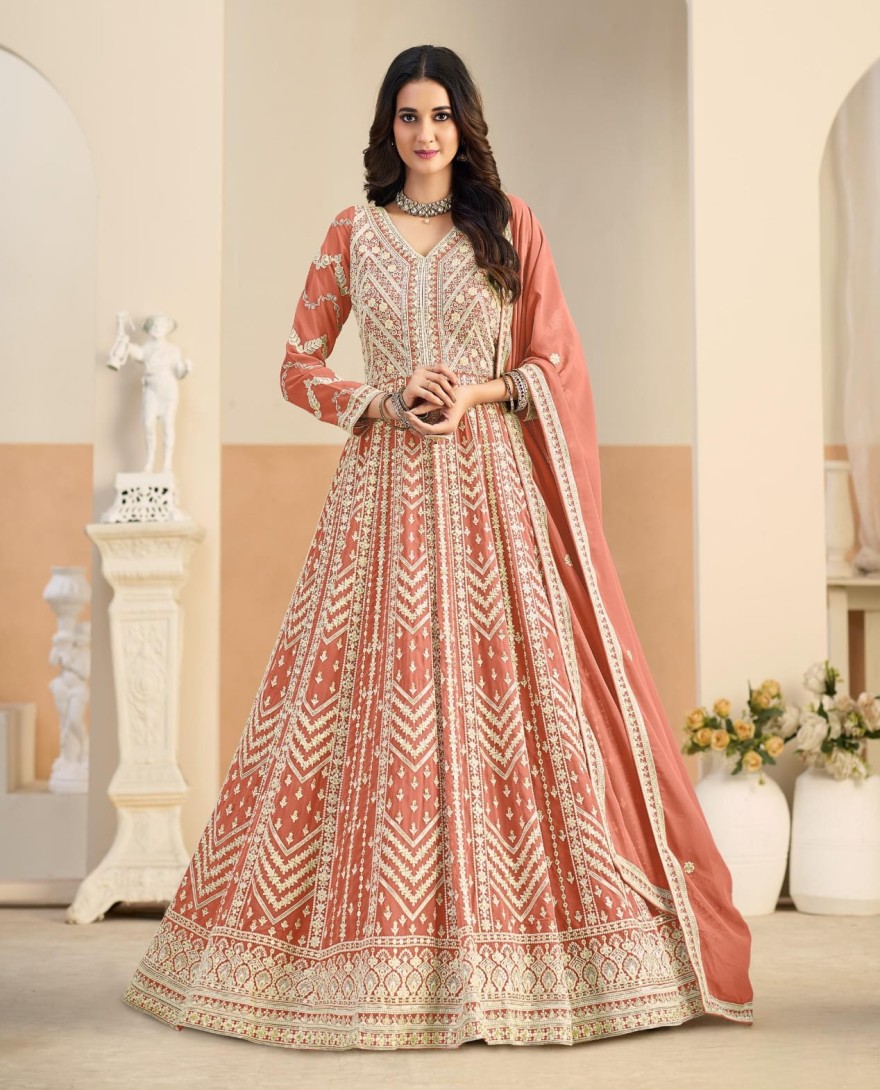PEACH - Peach Faux Georgette Embroidered Work Salwar Suit for Ceremonial