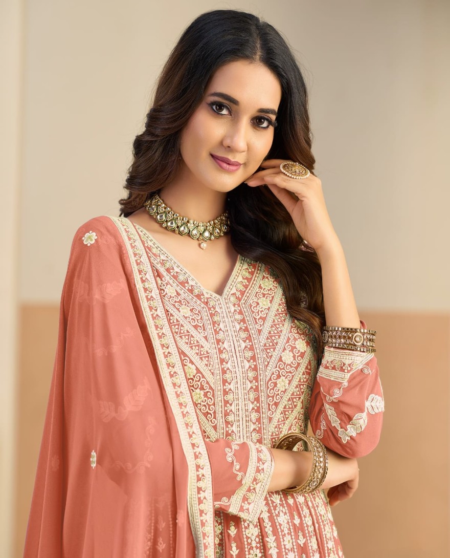 PEACH - Peach Faux Georgette Embroidered Work Salwar Suit for Ceremonial