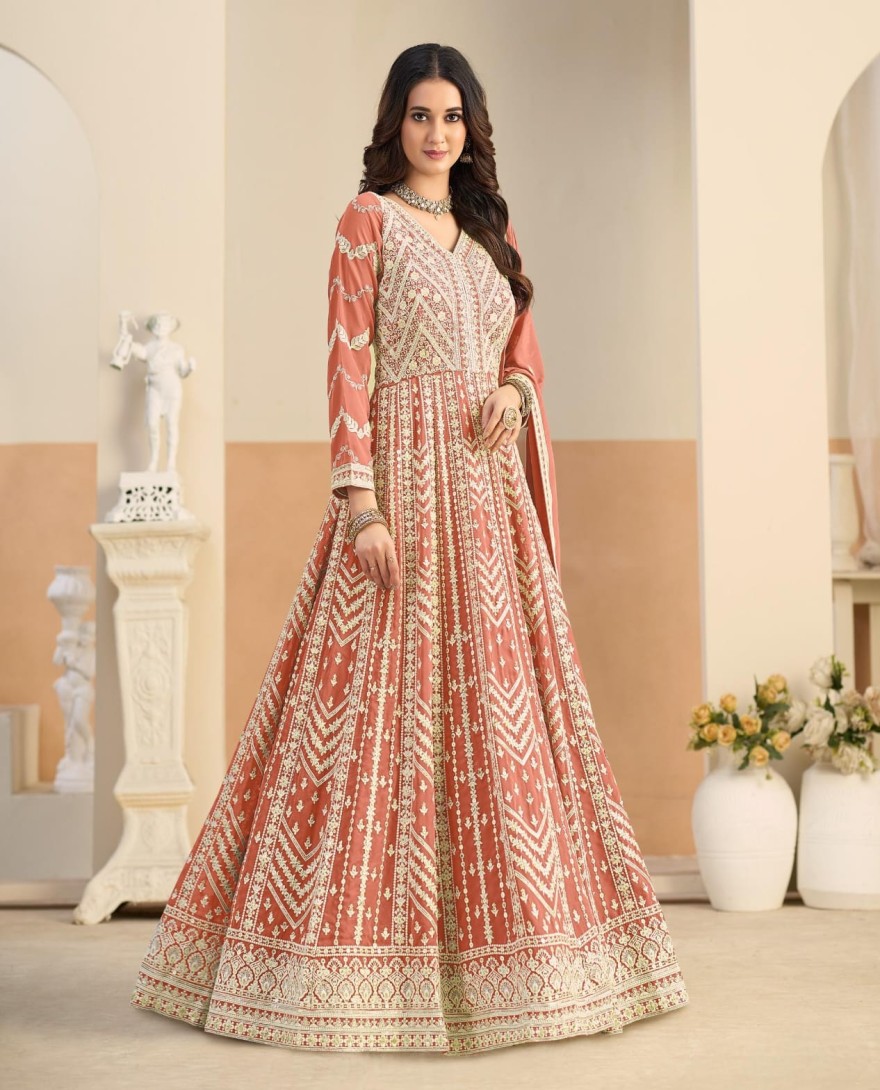 PEACH - Peach Faux Georgette Embroidered Work Salwar Suit for Ceremonial