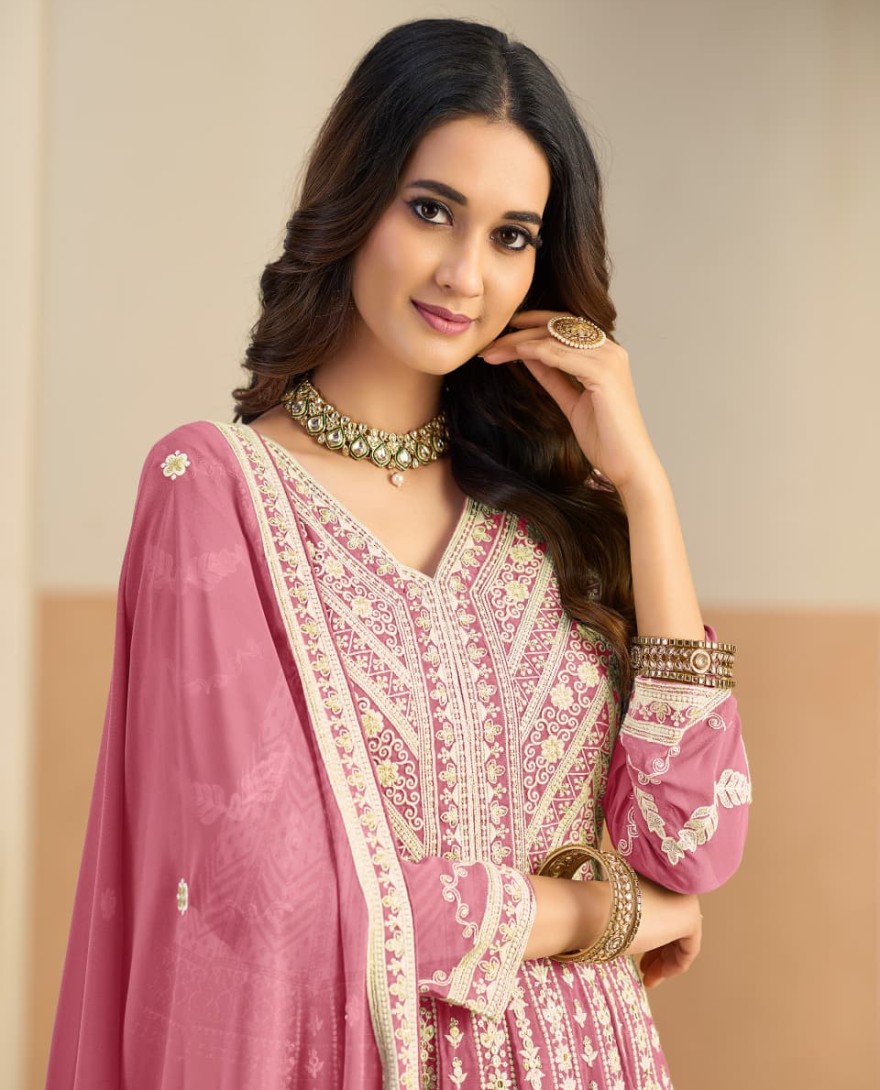 PINK - Embroidered Work Faux Georgette Anarkali Suit In Pink Colour